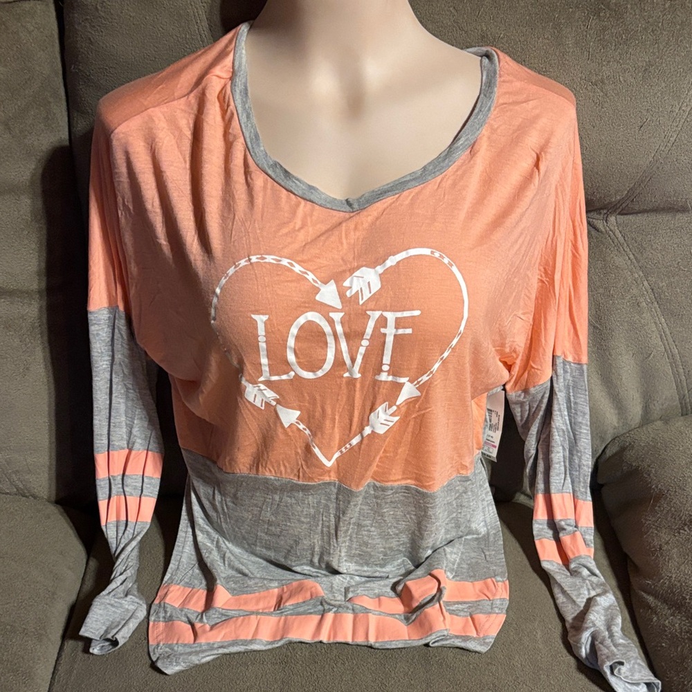 No Boundaries Love Heart Long Sleeve Top - Orange and Gray